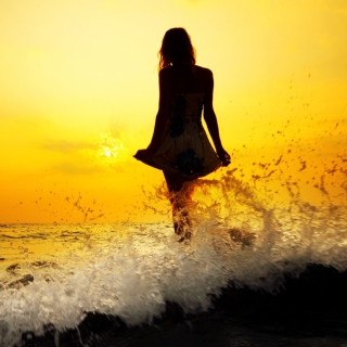 Girl Silhouette In Sea Waves At Sunset Wallpaper for HP TouchPad