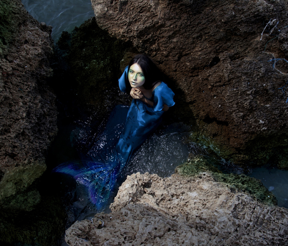 Das Blue Mermaid Hiding Behind Rocks Wallpaper 1200x1024