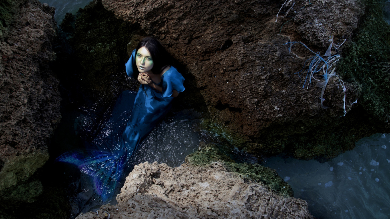 Blue Mermaid Hiding Behind Rocks screenshot #1 1366x768