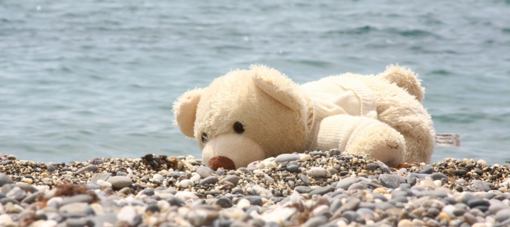 White Teddy Forgotten On Beach wallpaper 720x320