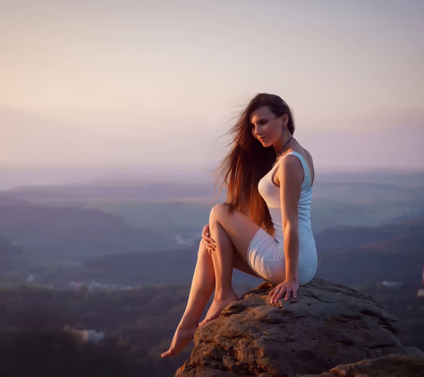 Girl with long Legs in White Dress wallpaper 1440x1280