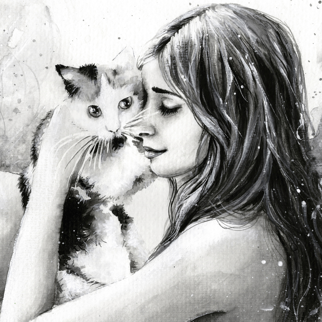 Girl With Cat Black And White Painting wallpaper 1024x1024