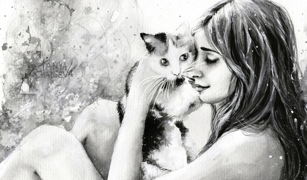 Girl With Cat Black And White Painting wallpaper 1024x600