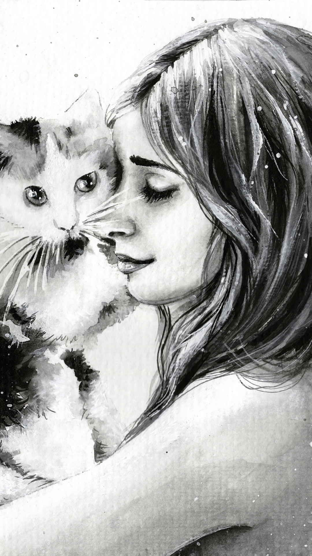 Sfondi Girl With Cat Black And White Painting 1080x1920