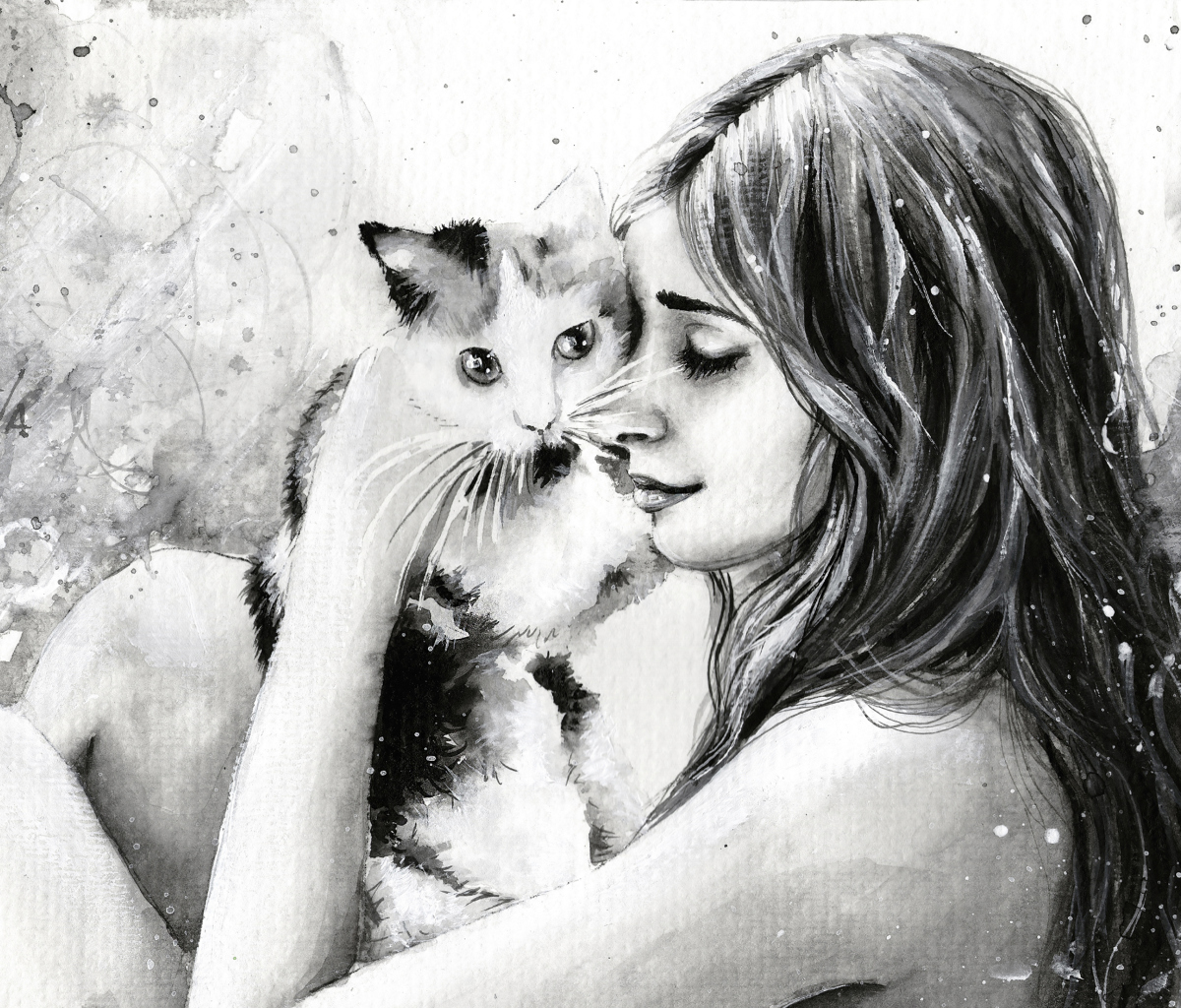 Обои Girl With Cat Black And White Painting 1200x1024