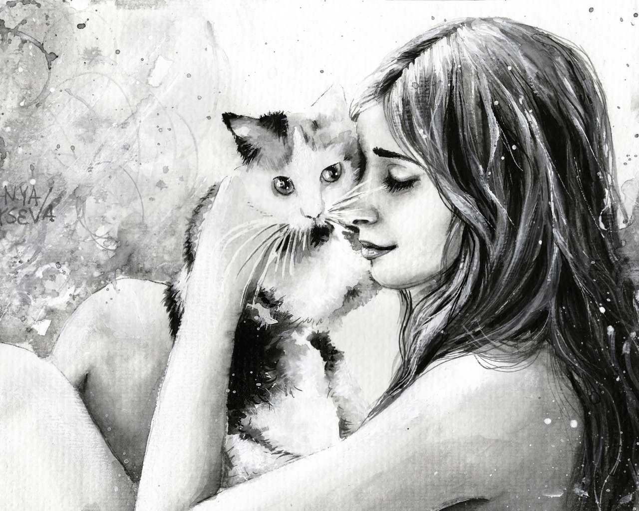 Das Girl With Cat Black And White Painting Wallpaper 1280x1024