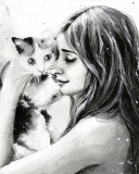Sfondi Girl With Cat Black And White Painting 128x160