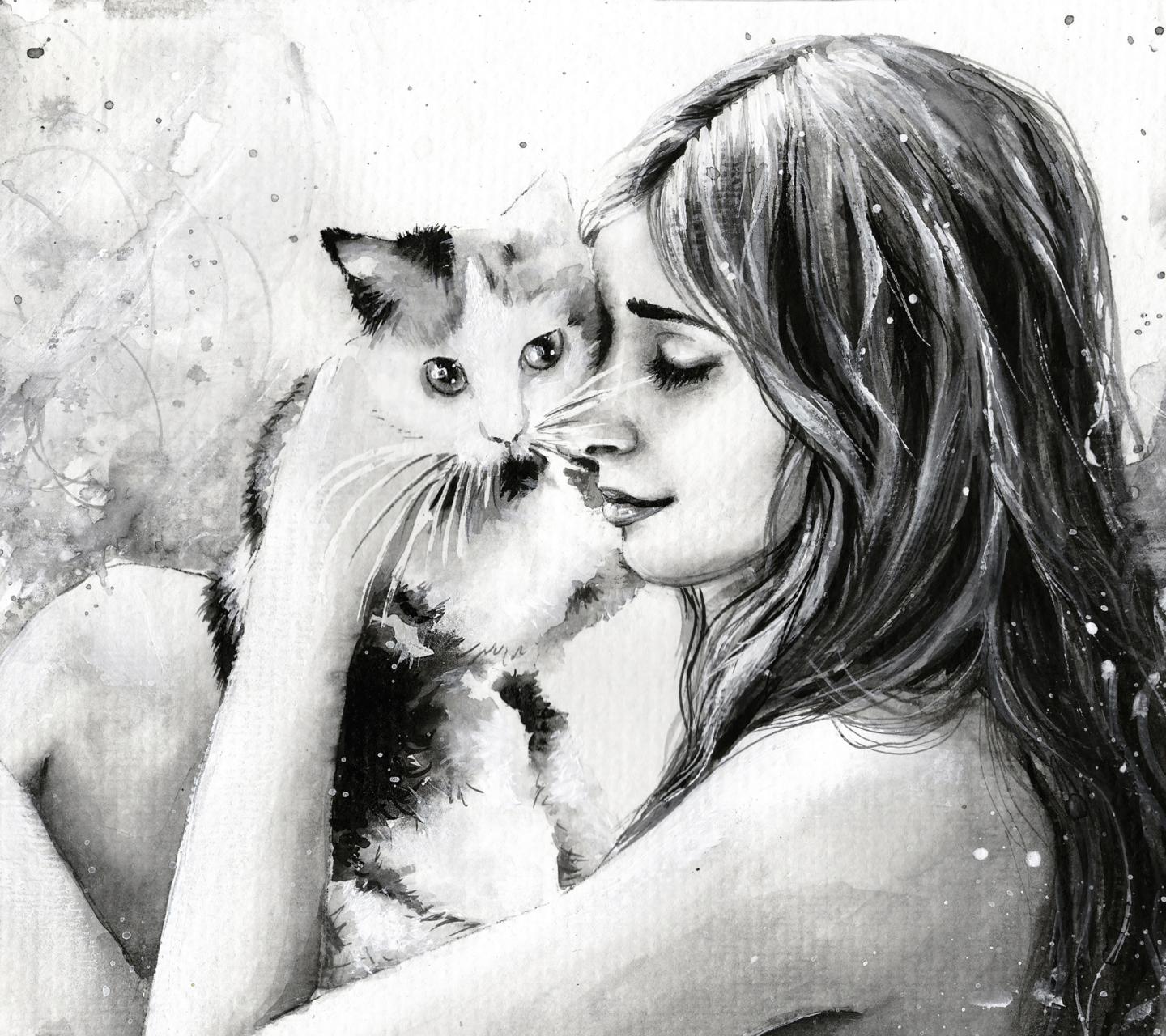 Girl With Cat Black And White Painting wallpaper 1440x1280