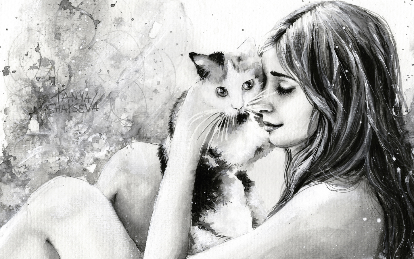 Das Girl With Cat Black And White Painting Wallpaper 1440x900