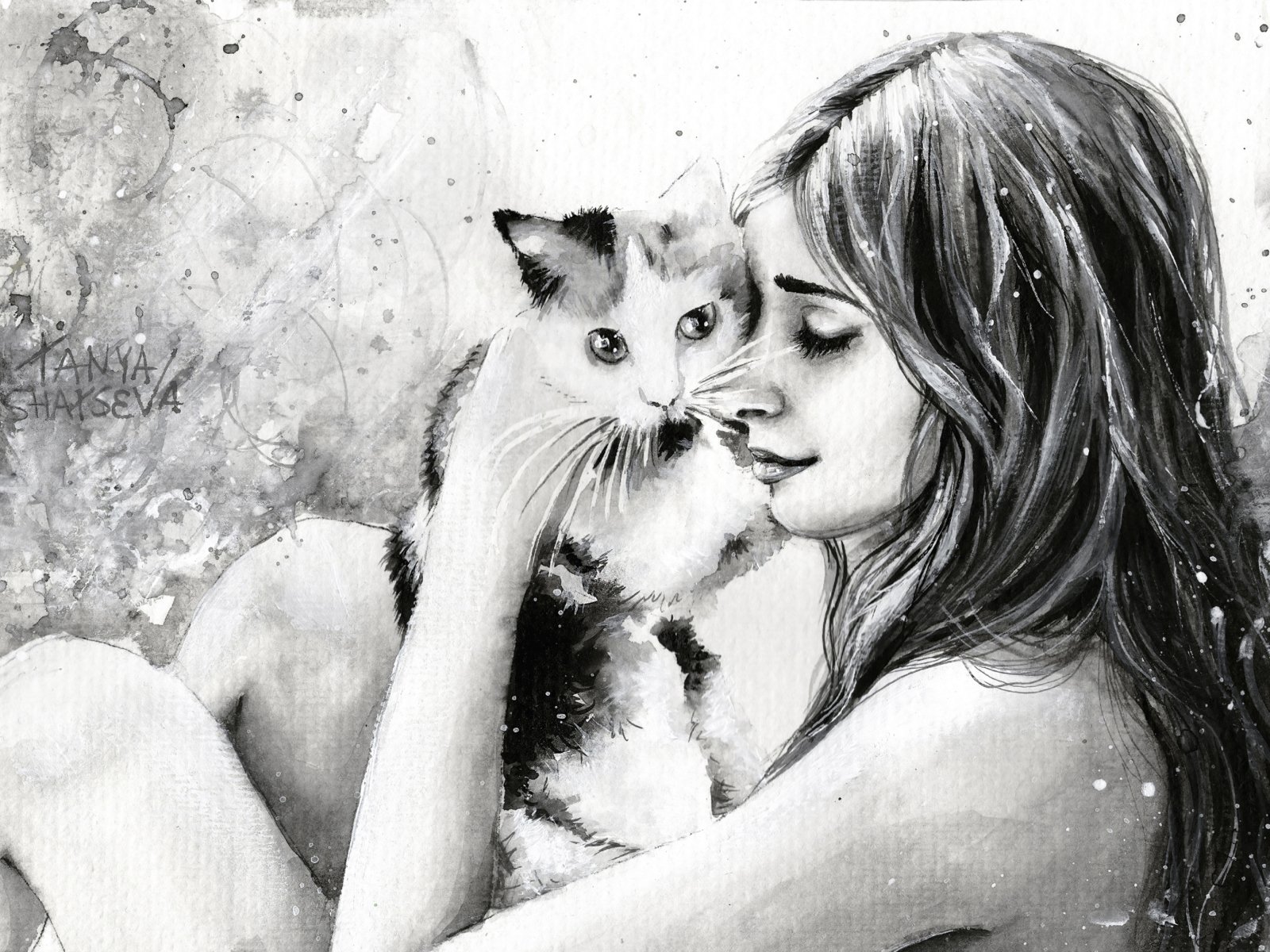 Sfondi Girl With Cat Black And White Painting 1600x1200