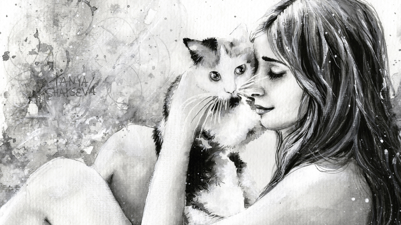 Girl With Cat Black And White Painting screenshot #1 1600x900