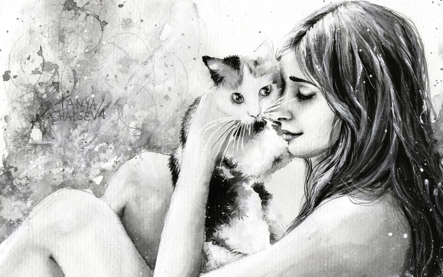 Girl With Cat Black And White Painting wallpaper 1680x1050