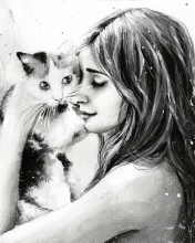 Girl With Cat Black And White Painting wallpaper 176x220