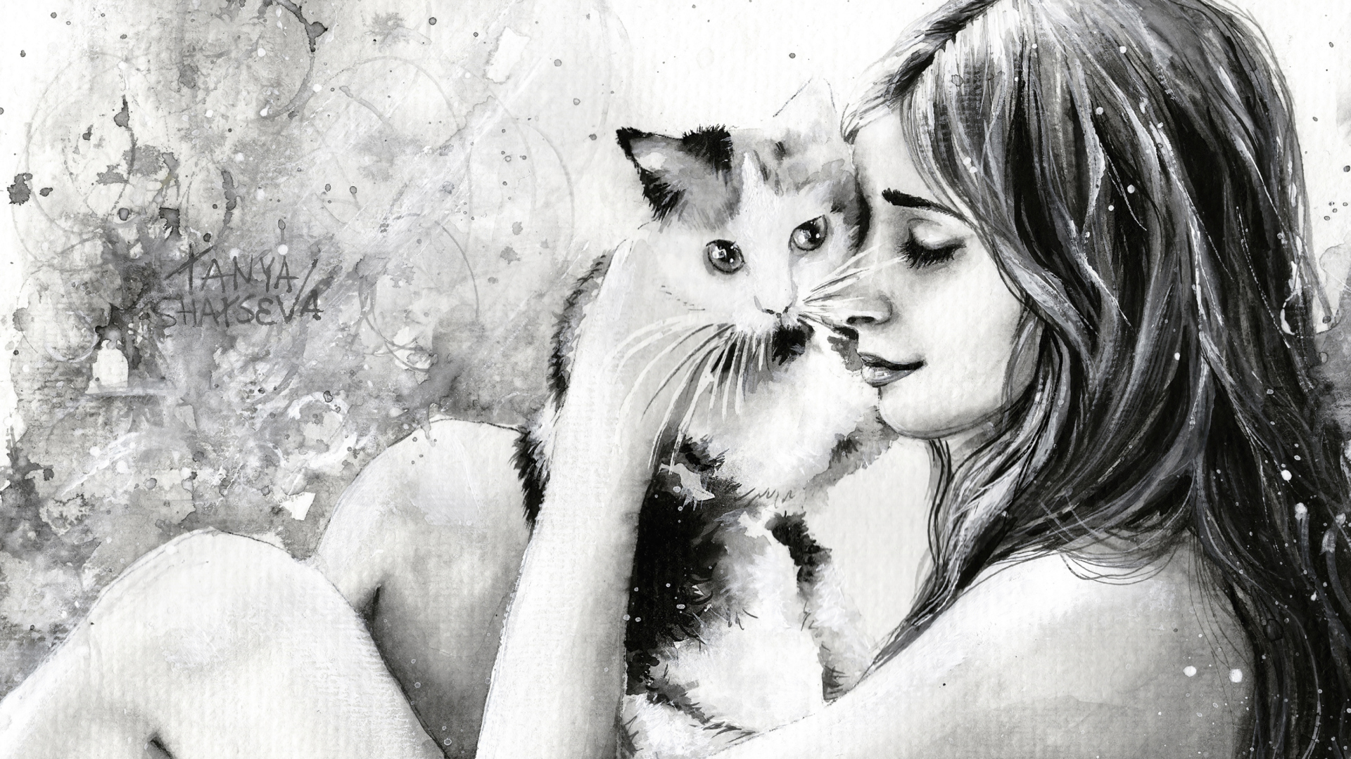 Screenshot №1 pro téma Girl With Cat Black And White Painting 1920x1080