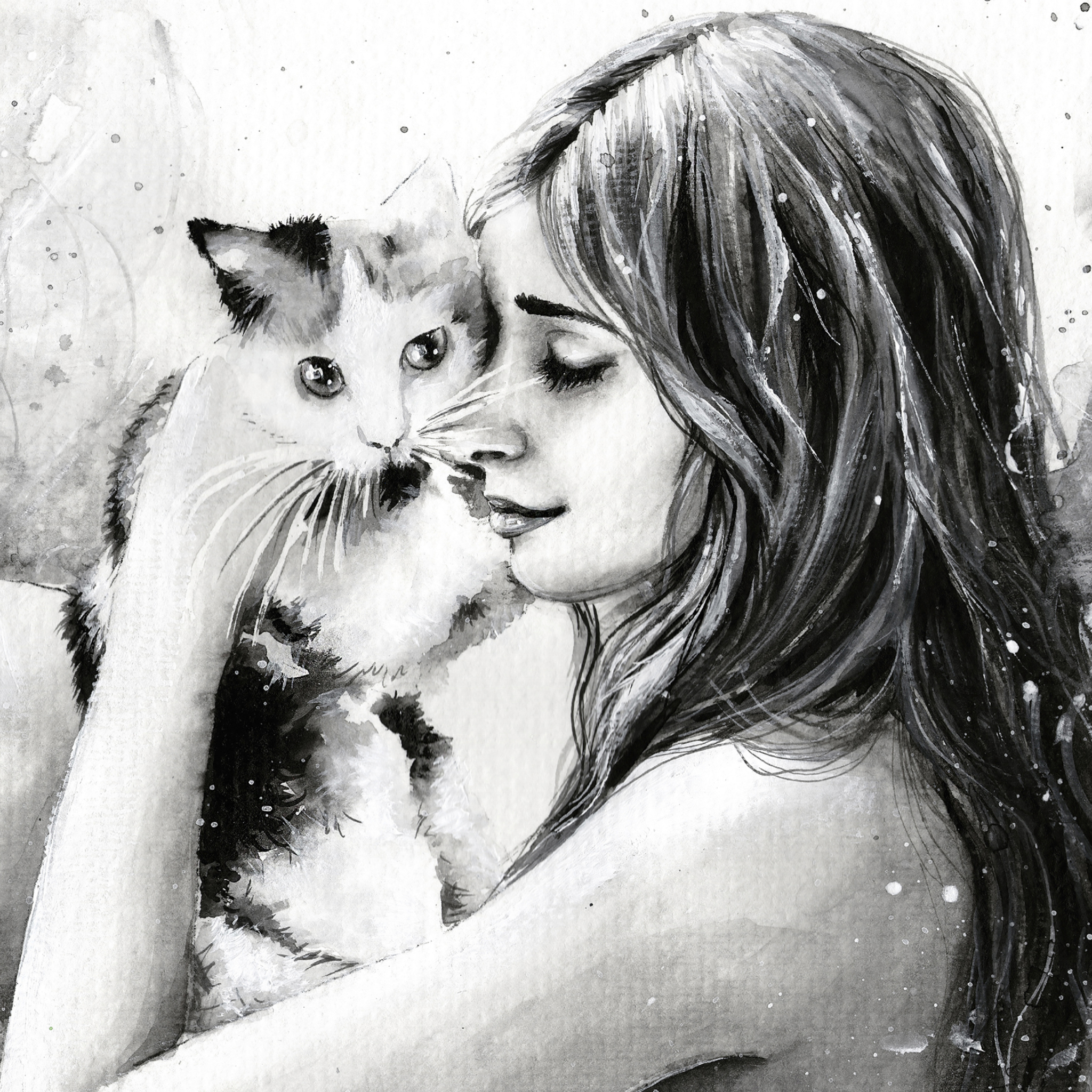 Sfondi Girl With Cat Black And White Painting 2048x2048