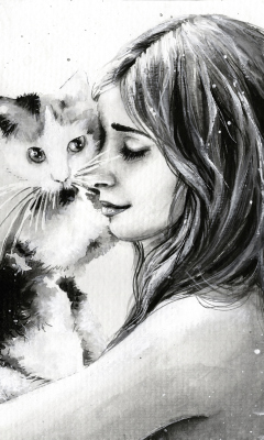 Fondo de pantalla Girl With Cat Black And White Painting 240x400