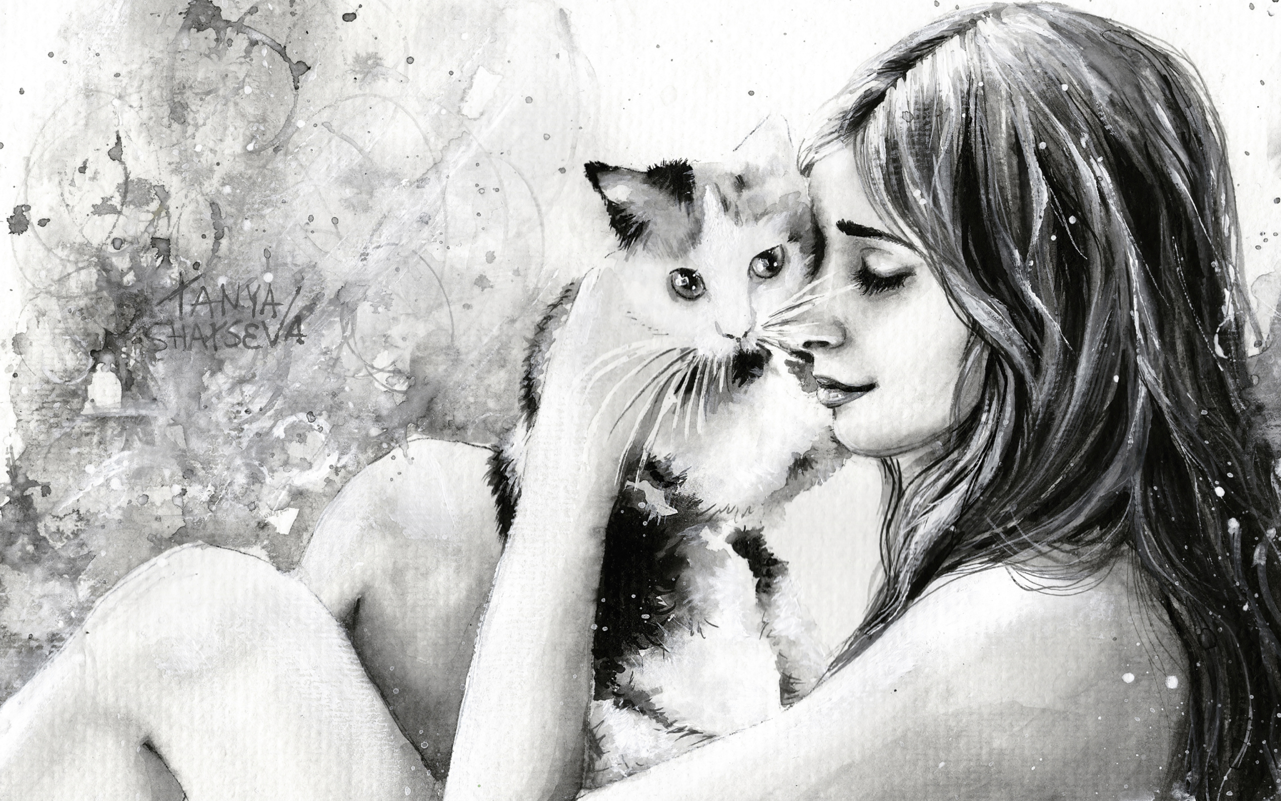 Fondo de pantalla Girl With Cat Black And White Painting 2560x1600