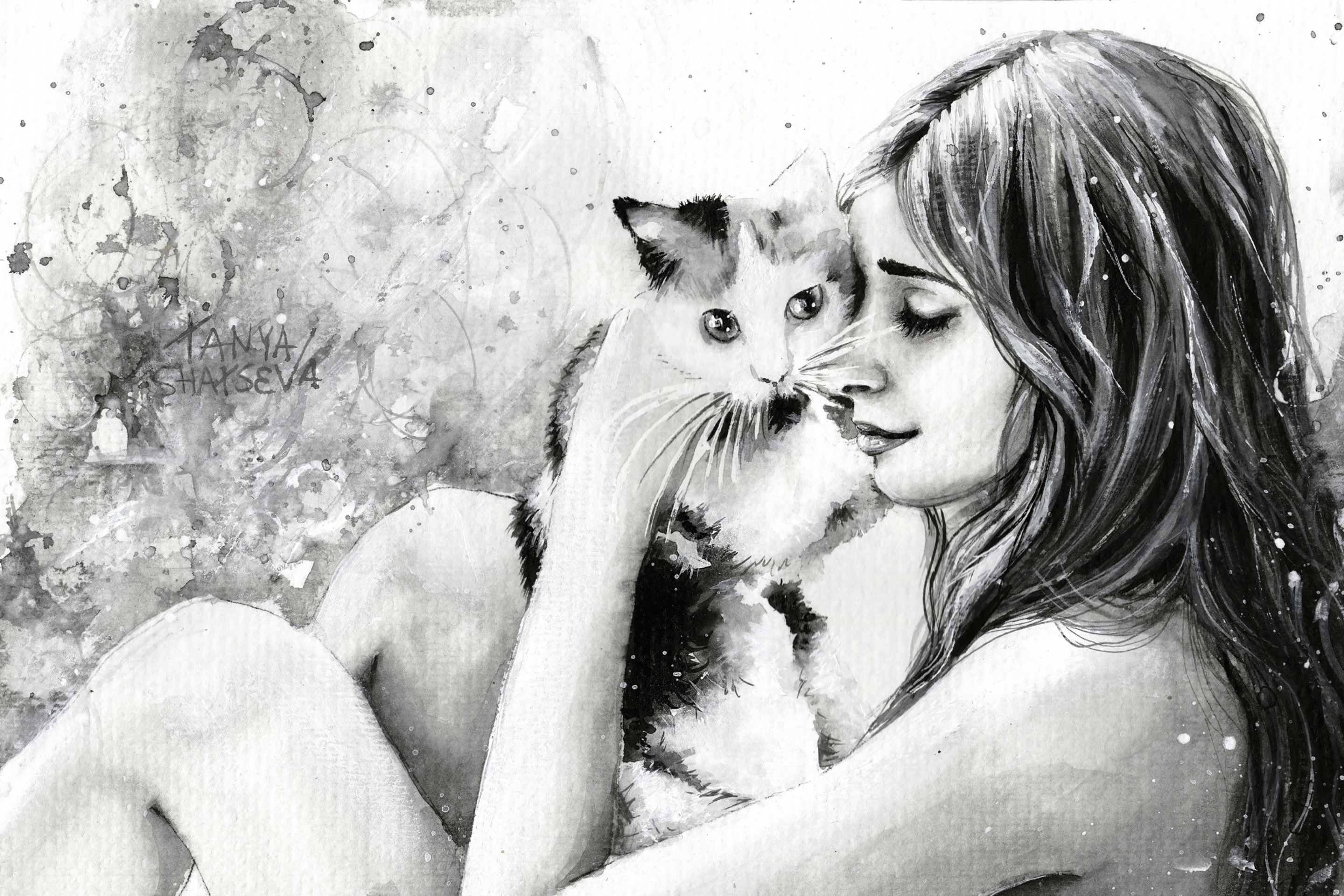 Girl With Cat Black And White Painting wallpaper 2880x1920