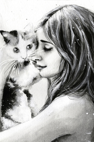 Das Girl With Cat Black And White Painting Wallpaper 320x480