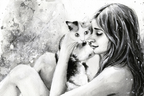 Girl With Cat Black And White Painting wallpaper 480x320