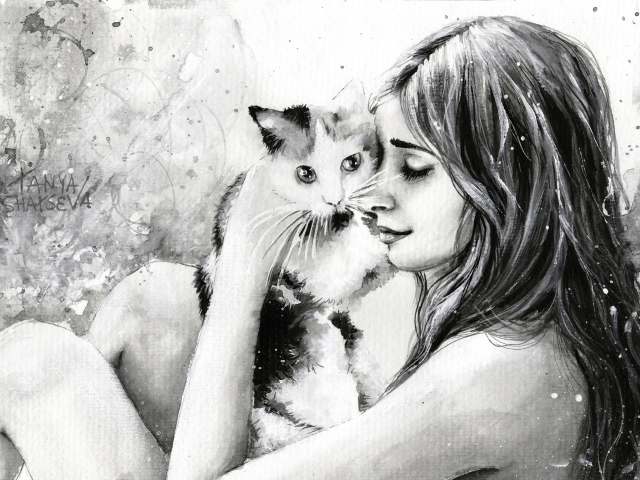 Girl With Cat Black And White Painting wallpaper 640x480