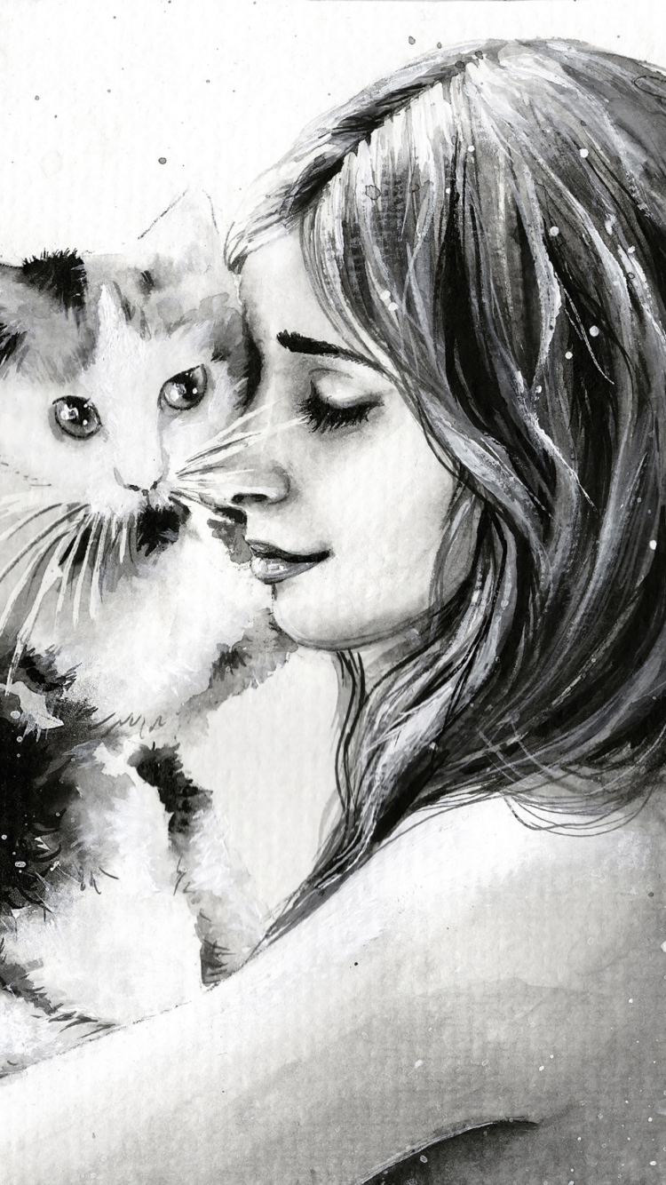 Sfondi Girl With Cat Black And White Painting 750x1334