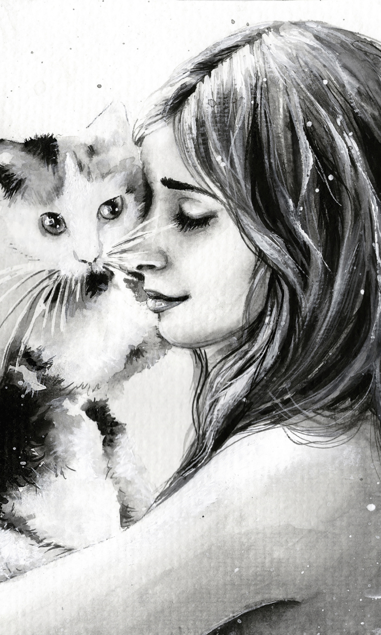 Girl With Cat Black And White Painting wallpaper 768x1280