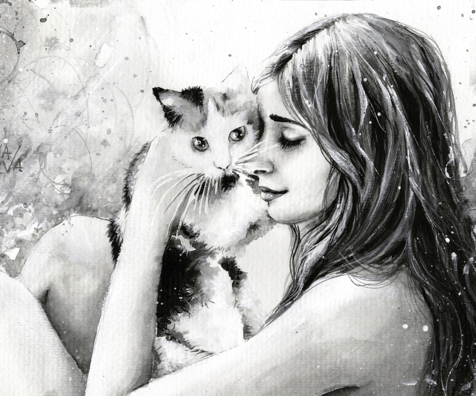 Das Girl With Cat Black And White Painting Wallpaper 960x800