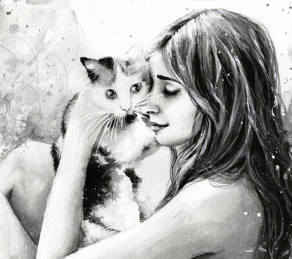 Das Girl With Cat Black And White Painting Wallpaper 960x854
