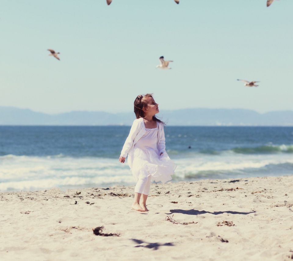 Little Girl At Beach And Seagulls wallpaper 960x854