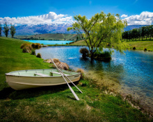Boat on Mountain River wallpaper 220x176
