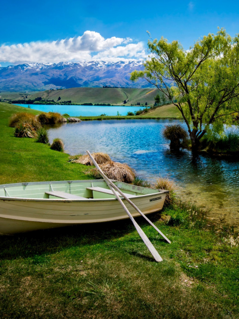 Boat on Mountain River wallpaper 480x640