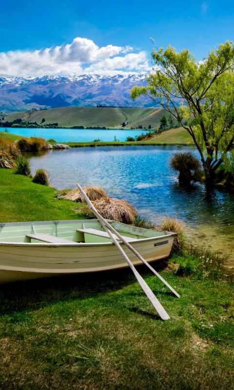 Boat on Mountain River wallpaper 480x800