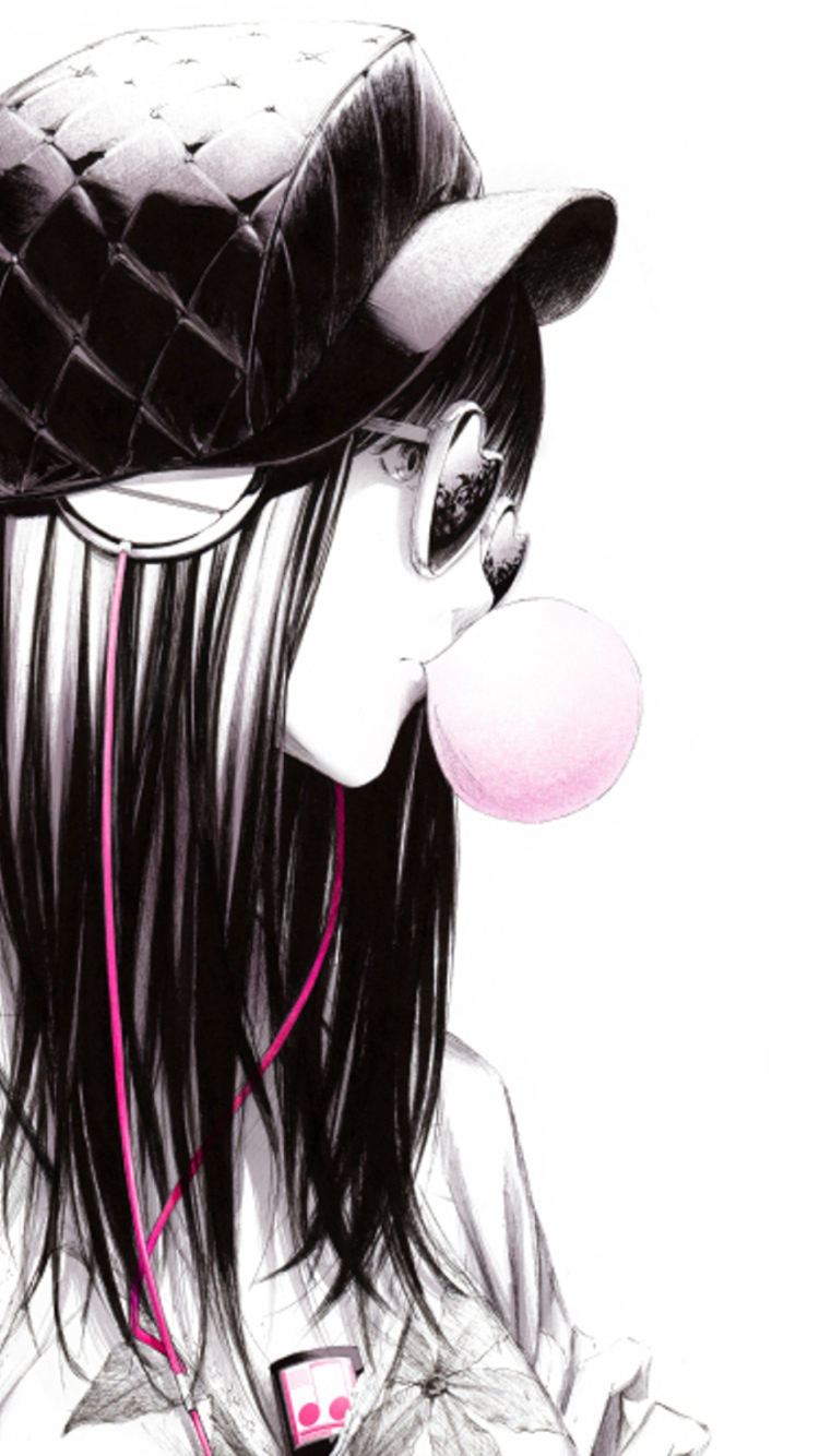 Scatch Of Girl In With Headphones And Gum wallpaper 750x1334