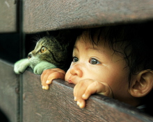 Sfondi Baby Boy And His Friend Little Kitten 220x176