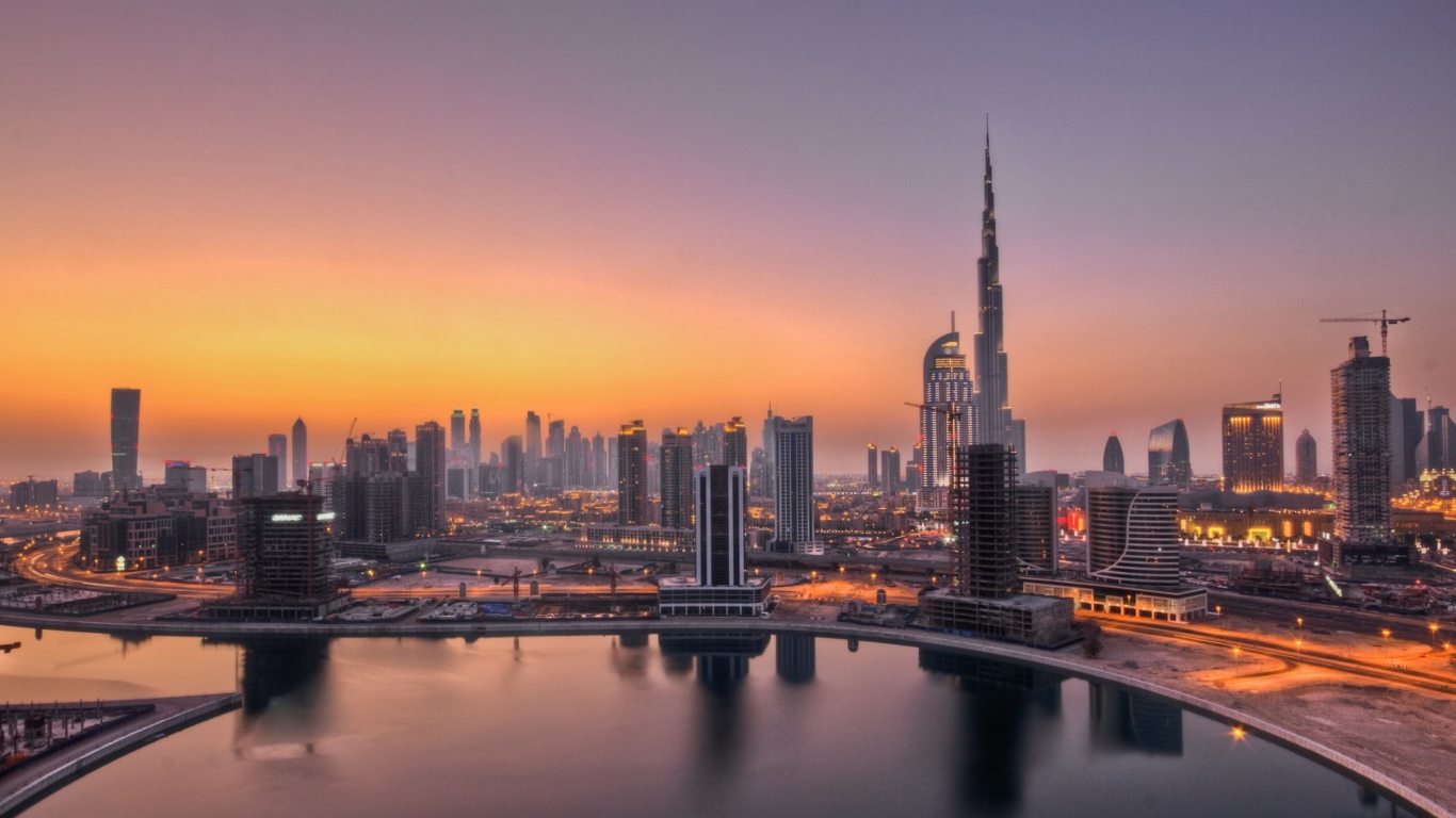 UAE Dubai Skyscrapers Sunset wallpaper 1366x768