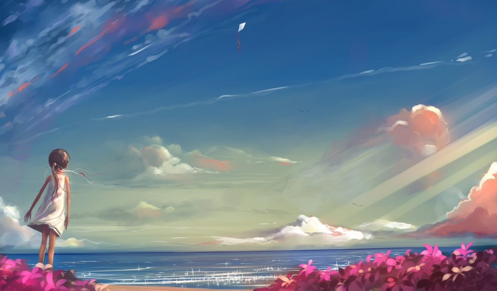 Screenshot №1 pro téma Little Girl, Summer, Sky And Sea Painting 1024x600