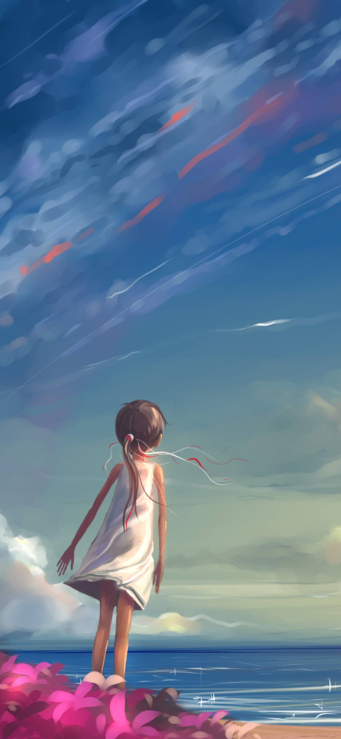 Das Little Girl, Summer, Sky And Sea Painting Wallpaper 1170x2532