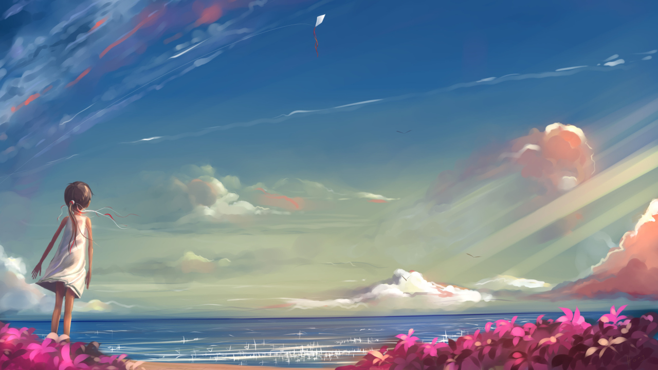 Little Girl, Summer, Sky And Sea Painting wallpaper 1280x720