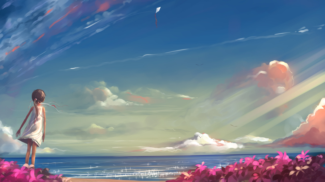 Screenshot №1 pro téma Little Girl, Summer, Sky And Sea Painting 1366x768