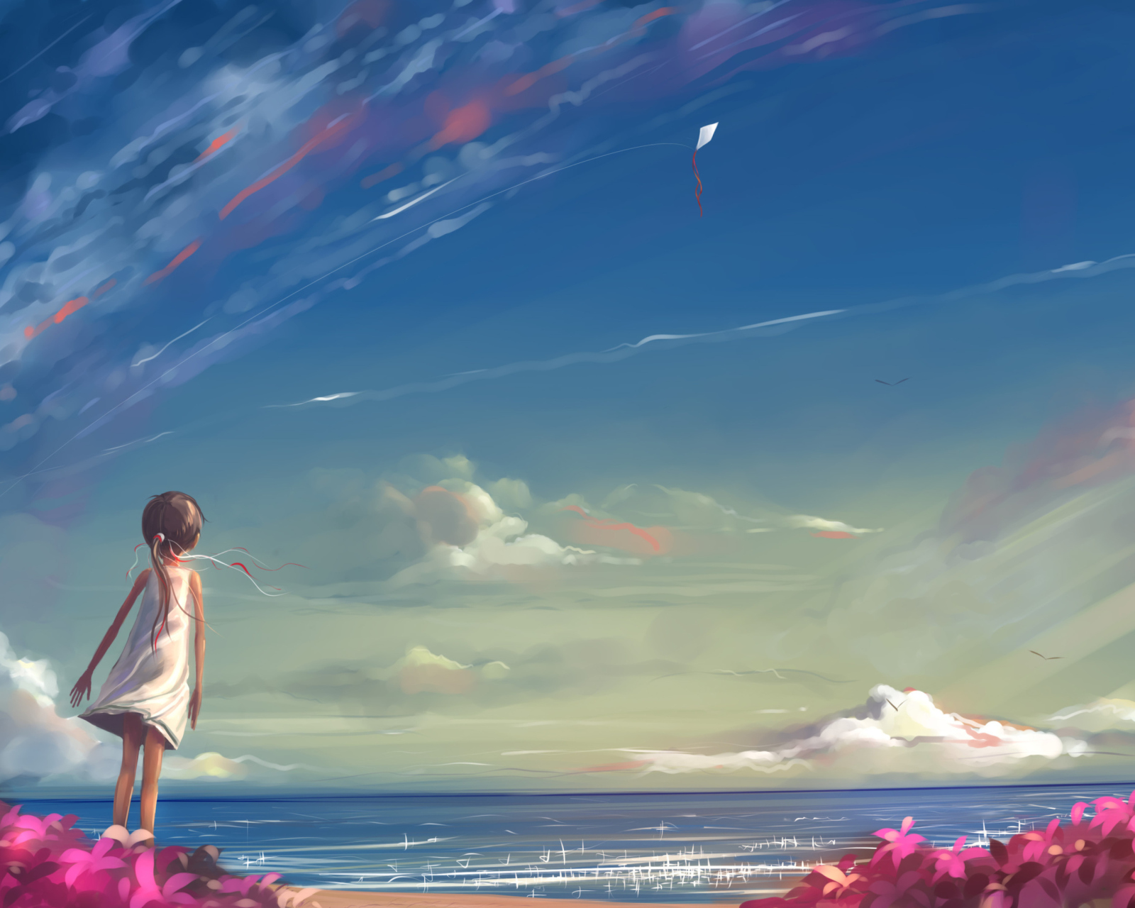 Das Little Girl, Summer, Sky And Sea Painting Wallpaper 1600x1280