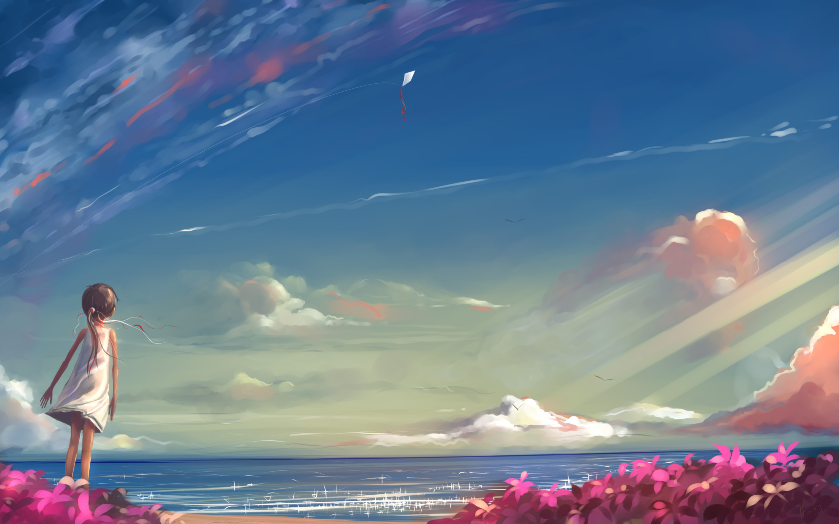 Little Girl, Summer, Sky And Sea Painting wallpaper 1680x1050