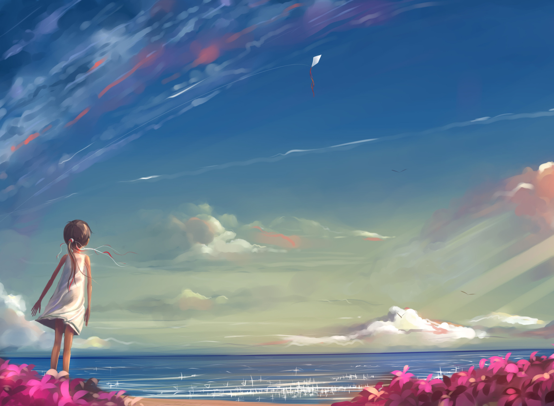 Обои Little Girl, Summer, Sky And Sea Painting 1920x1408