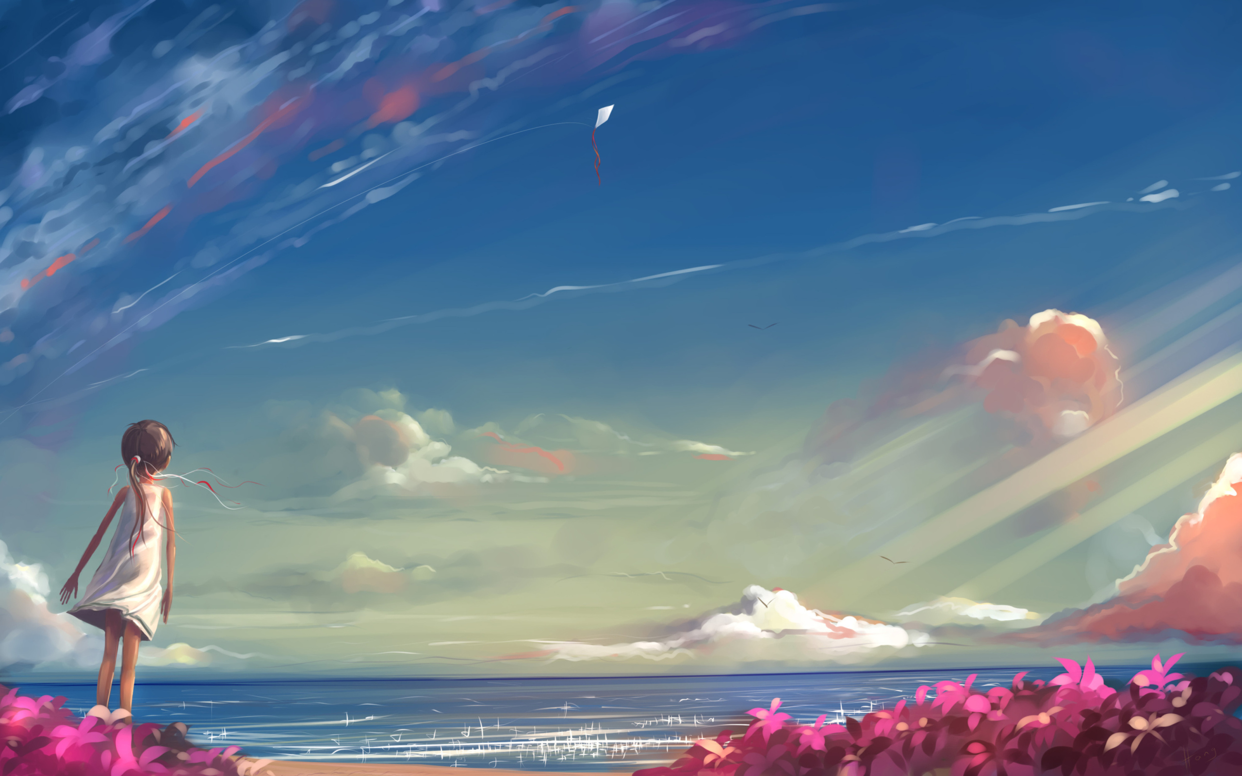 Little Girl, Summer, Sky And Sea Painting wallpaper 2560x1600