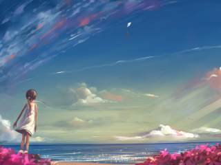 Little Girl, Summer, Sky And Sea Painting wallpaper 320x240