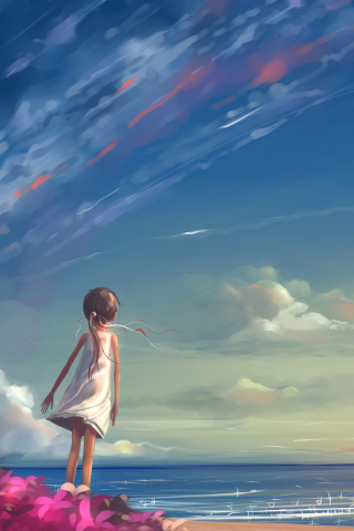 Little Girl, Summer, Sky And Sea Painting wallpaper 320x480