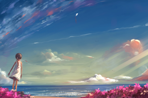Little Girl, Summer, Sky And Sea Painting wallpaper 480x320