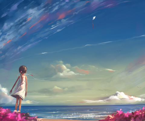 Обои Little Girl, Summer, Sky And Sea Painting 480x400