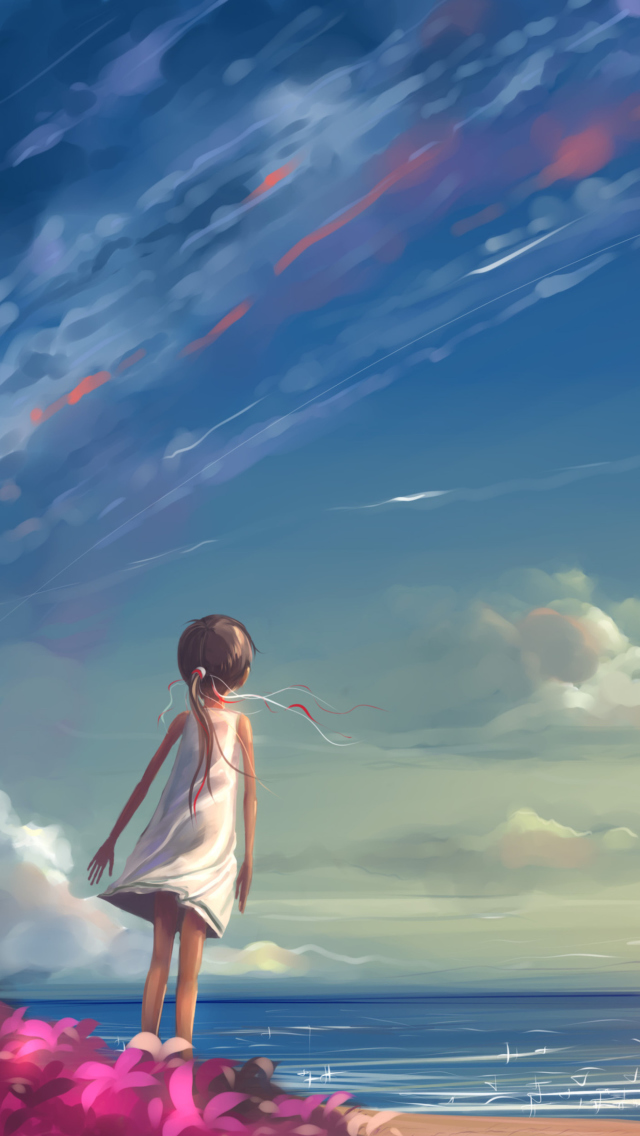Little Girl, Summer, Sky And Sea Painting wallpaper 640x1136