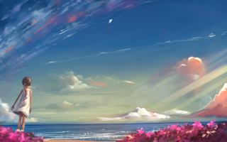 Free Little Girl, Summer, Sky And Sea Painting Picture for Android, iPhone and iPad